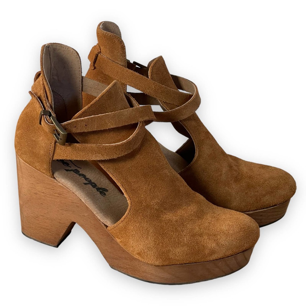 Free People Tan Suede Platform Mules - Size 9